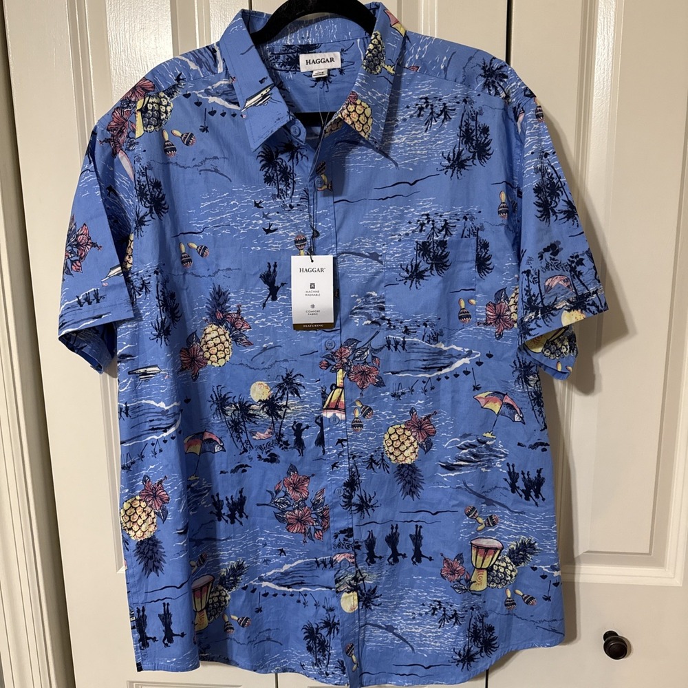 NWT Men's Haggar Hula Pineapple Shirt‎ Sleeve Button down XXL Resort wear Beach